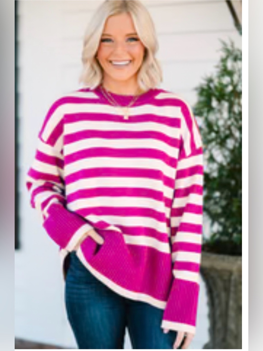entro Fuchsia and Cream Striped Crewneck Sweater